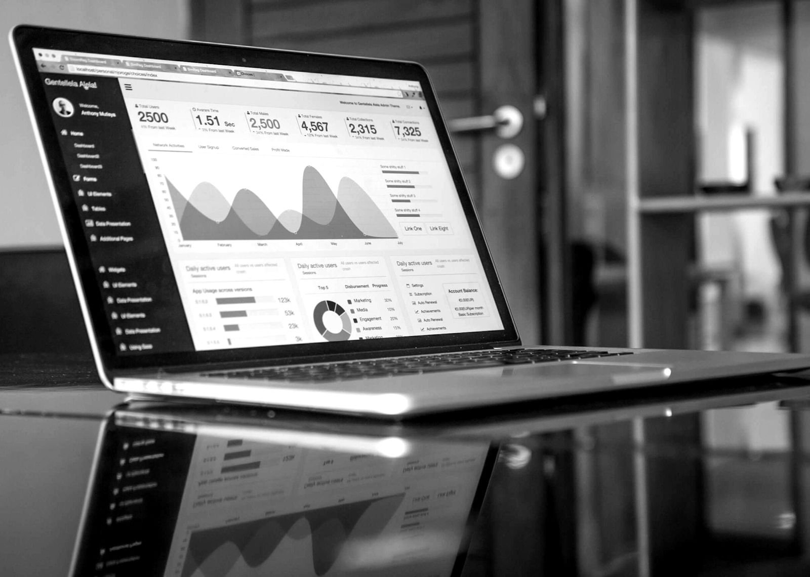A laptop showing a dashboard of charts on a glass table